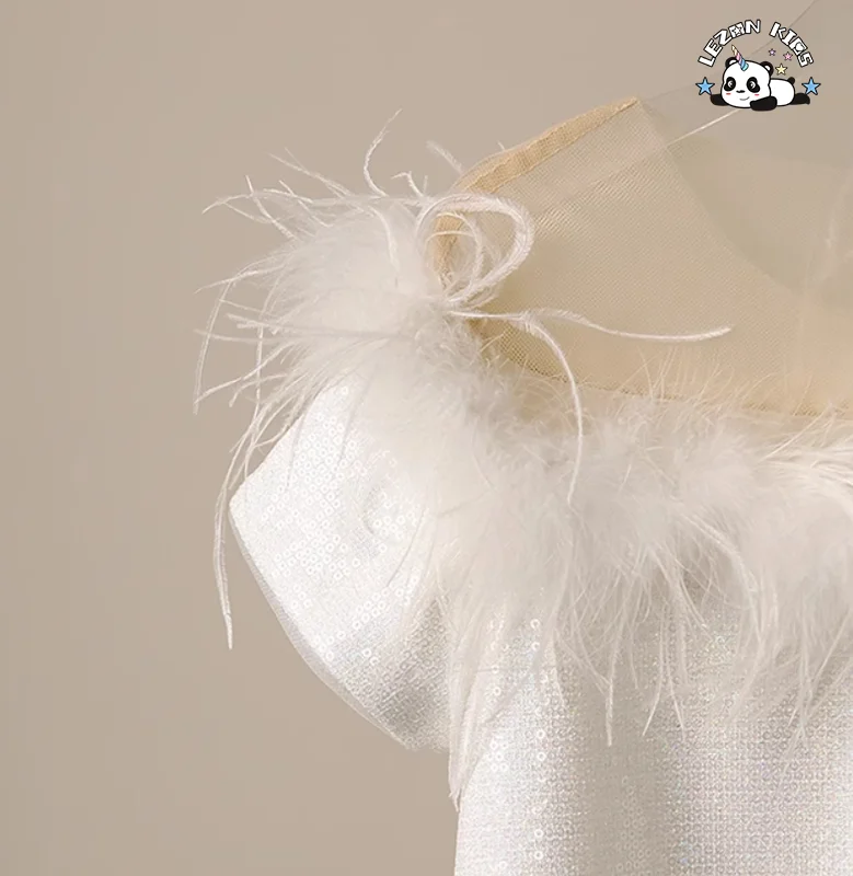 LEZONKIDS - Vestidos de Luxo com Lantejoulas para Meninas, com Pena e Manga Off Shoulder para Apresentações de Piano